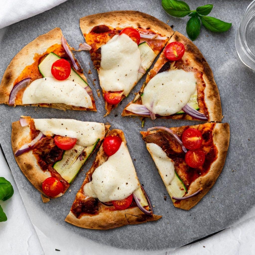tinned mackerel flatbread pizza cut into slices