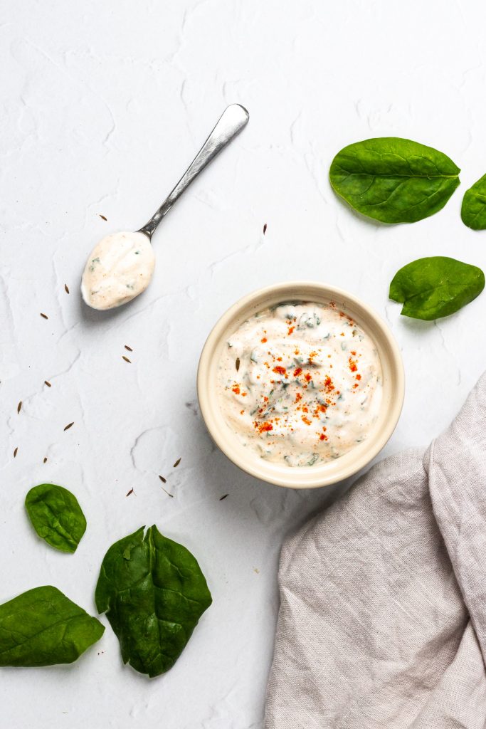 flatlay of spinach raita