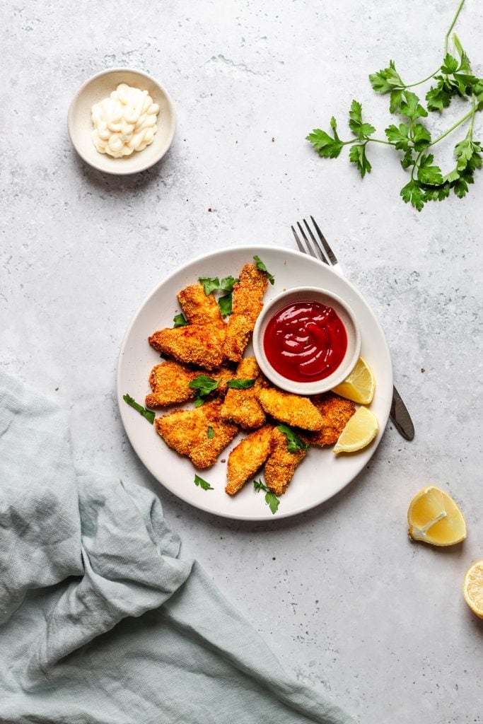 flatlay of air fryer chicken nuggets