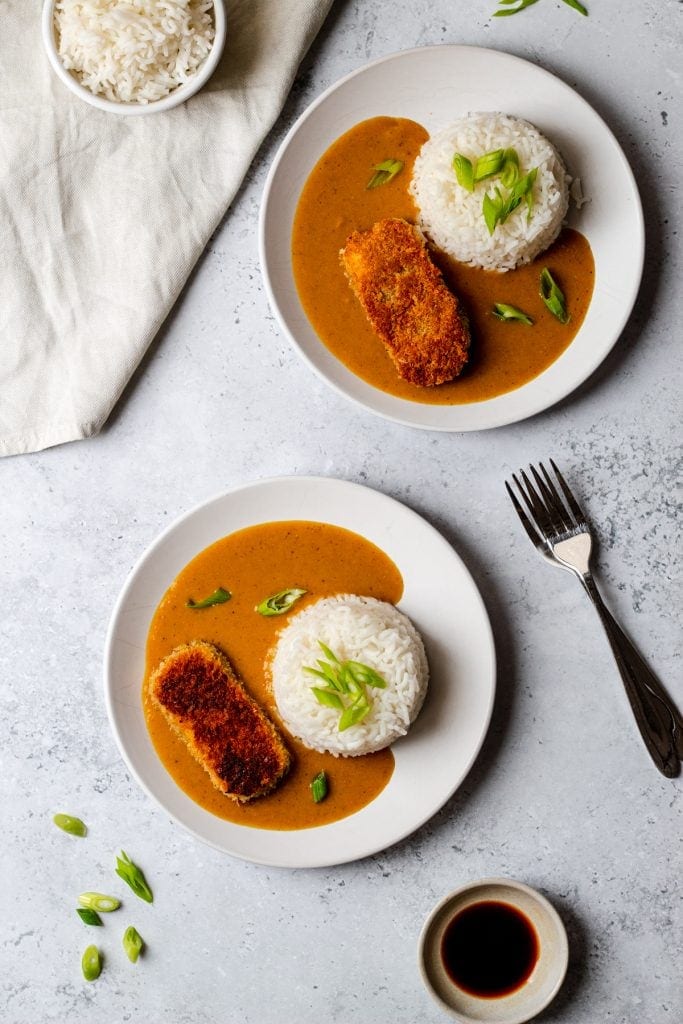 flatlay of tofu katsu curry