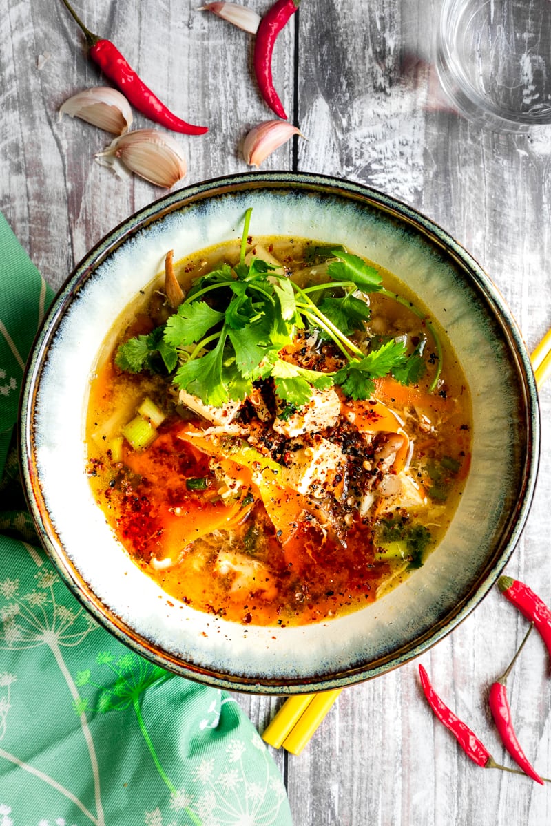 Chinese hot and sour soup with tofu in a bowl