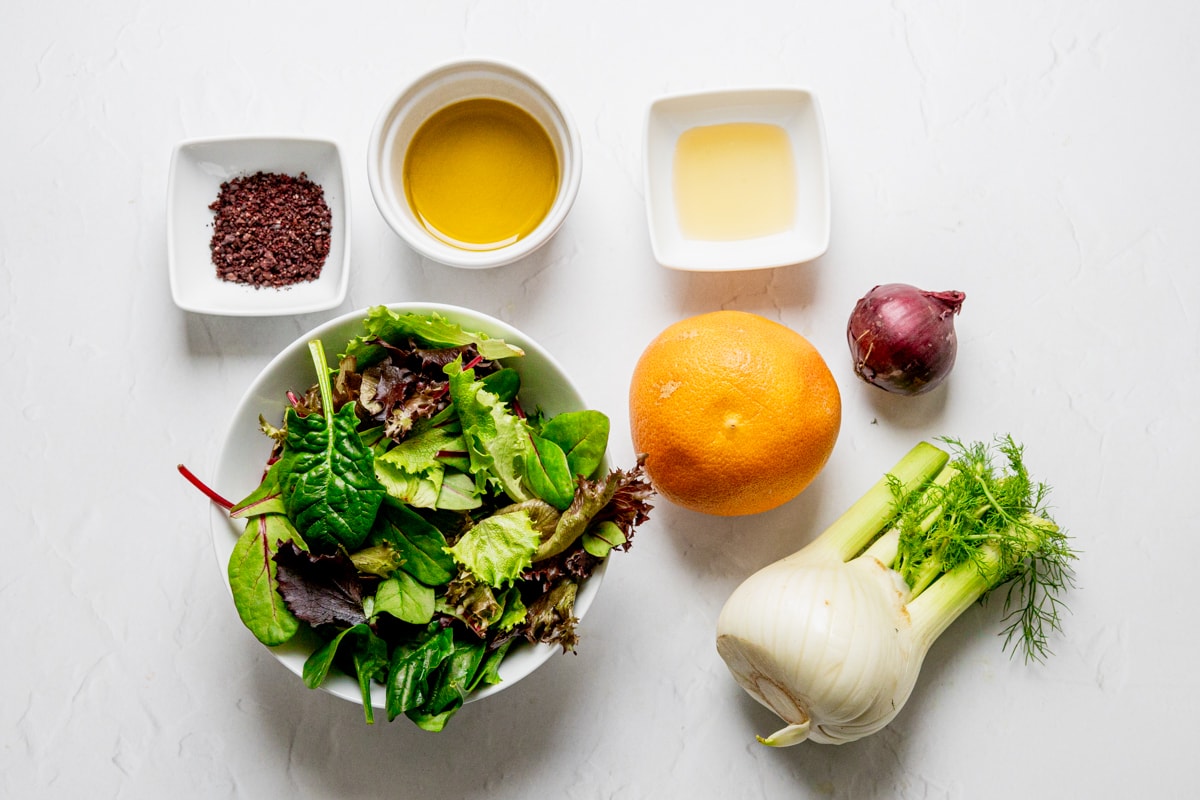 Ingredients for air fried fennel and grapefruit salad