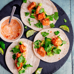 Three air fried tandoori salmon tacos