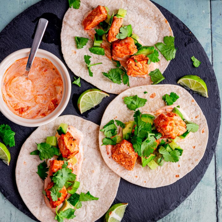 Three air fried tandoori salmon tacos
