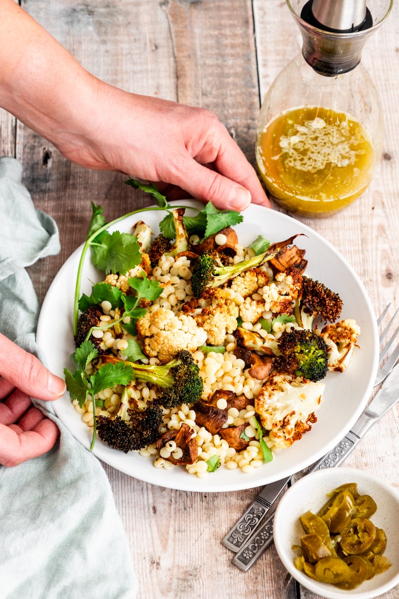 honey jalapeno and lime vinaigrette on couscous vegetable salad