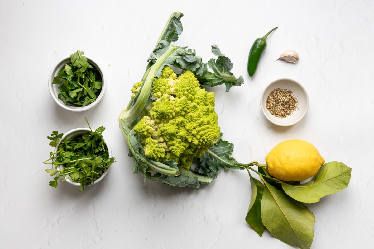 Ingredients for air fried romanesco and green salsa