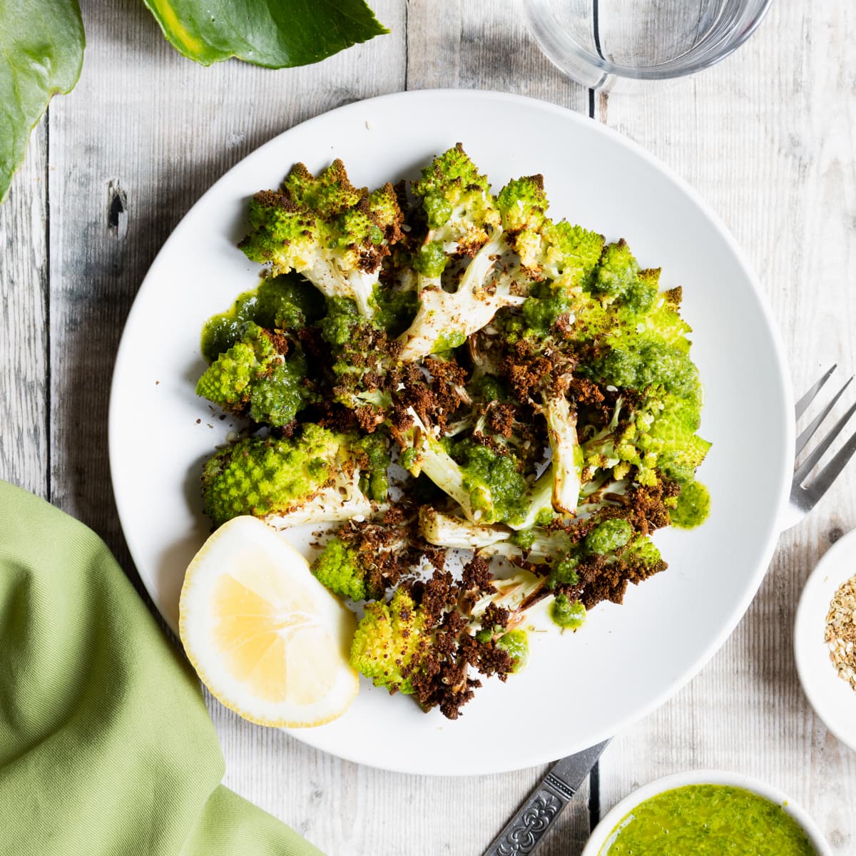 Plate of air fried romanesco cauliflower with green salsa