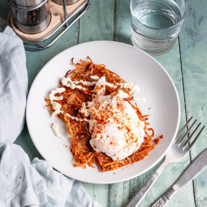 Creole potato waffles topped with an egg