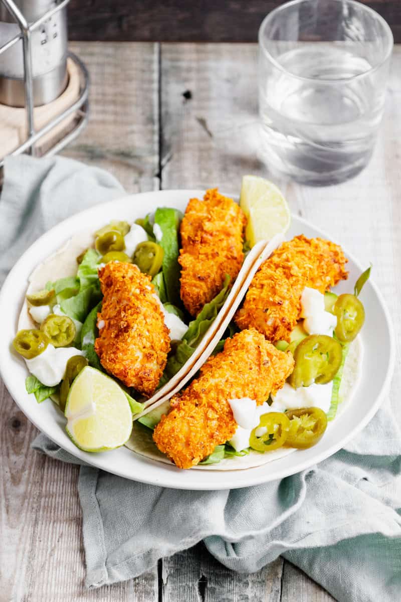 Plate of Doritos fish fingers in tacos