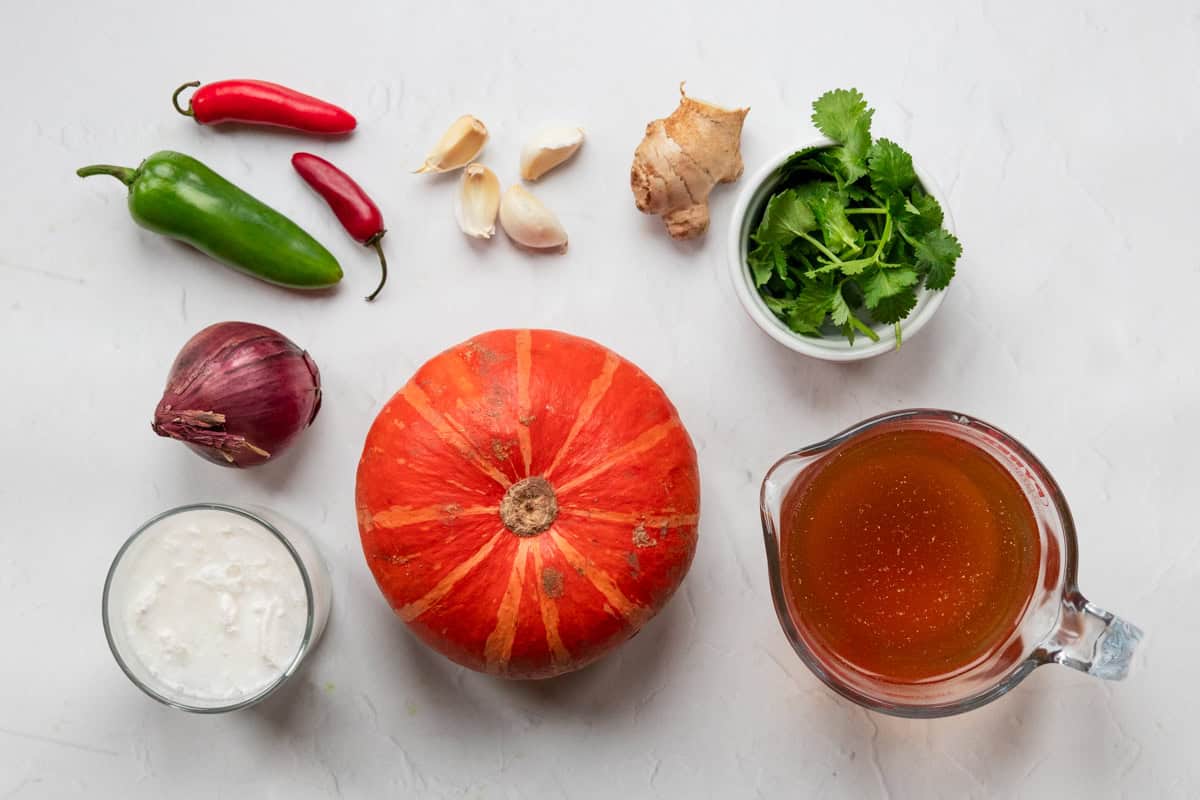 Ingredients for coconut pumpkin and ginger soup