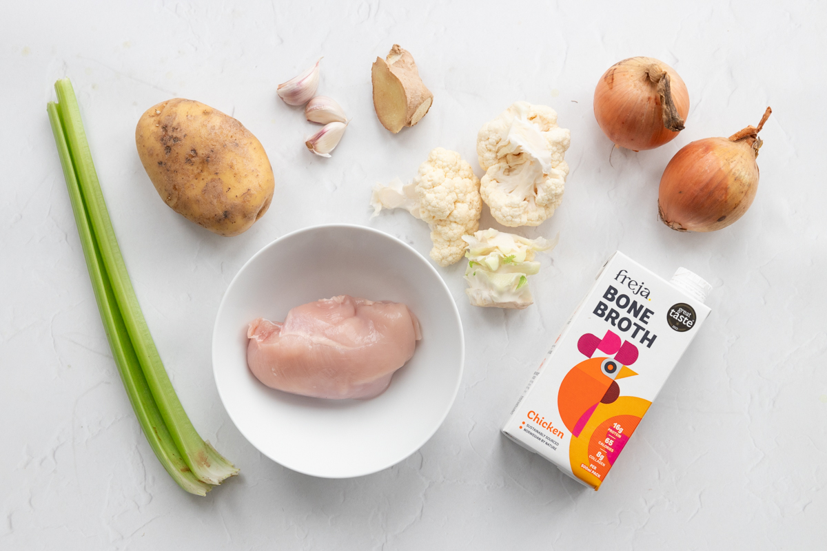 Ingredients for chicken and ginger soup
