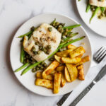 Air fried cod with green beans, capers and a lemon garlic butter sauce