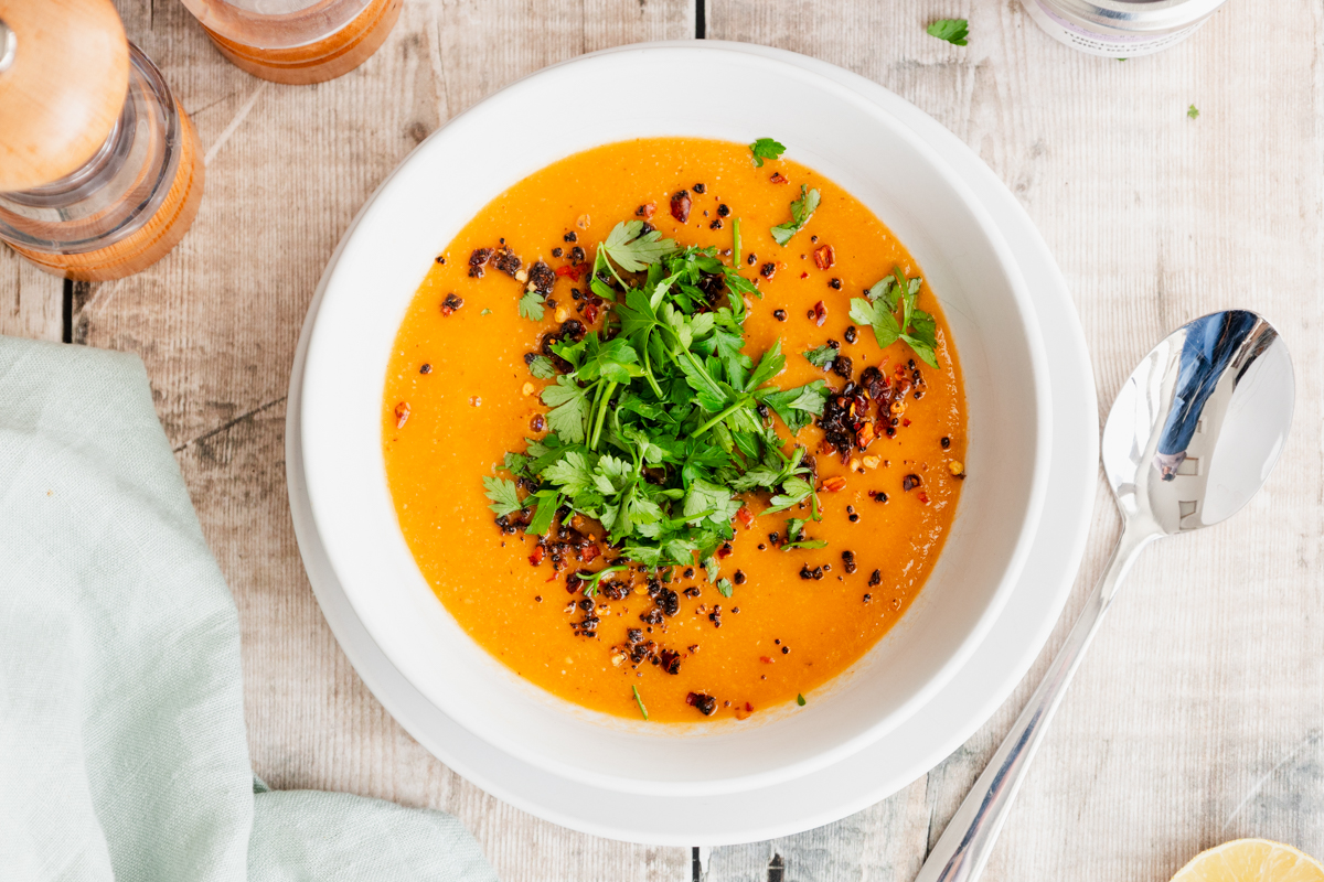 bowl of Mercimek Corbasi (red lentil soup)